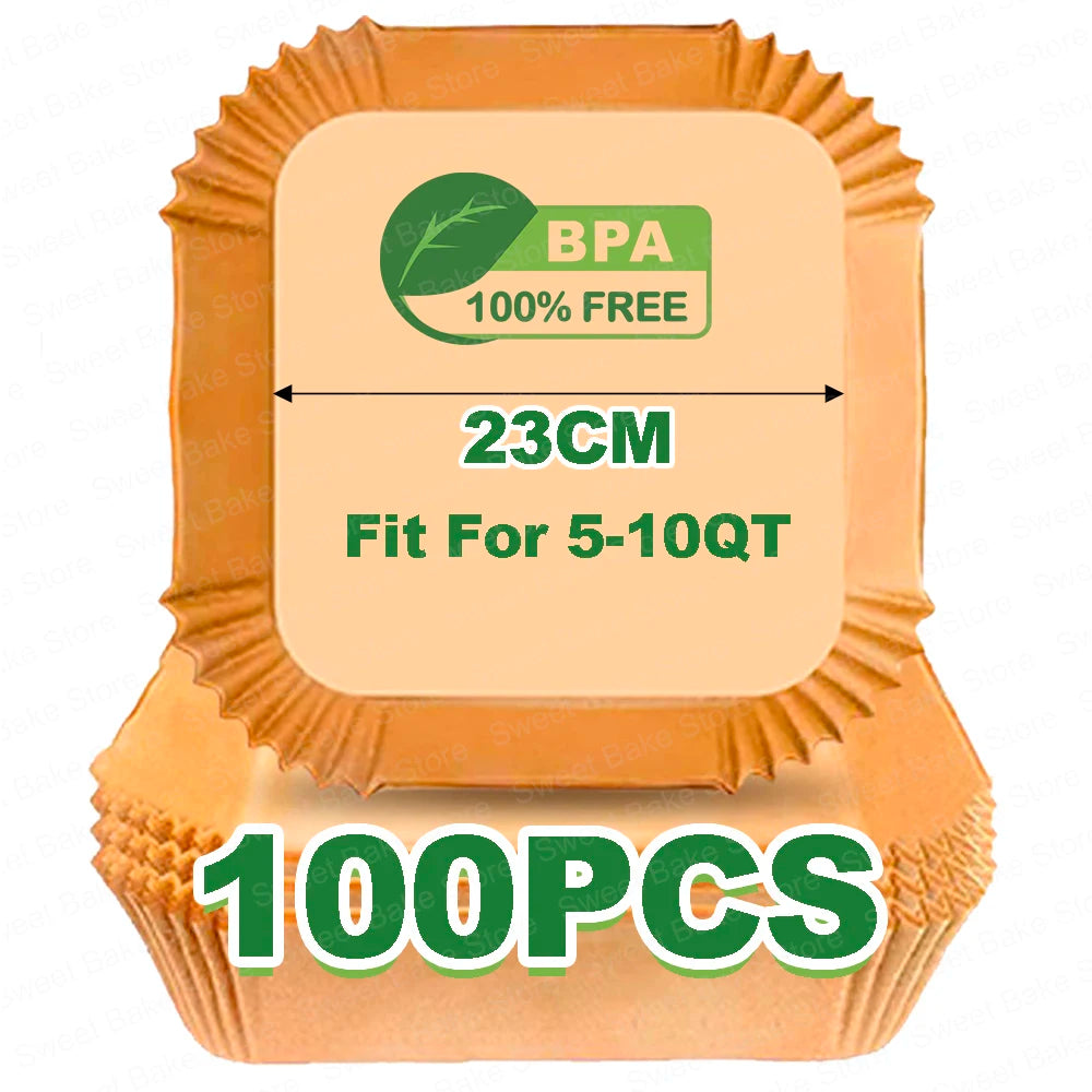 Square Air Fryer Parchment Paper Liners – 16/20/23cm, 50–100 Pack