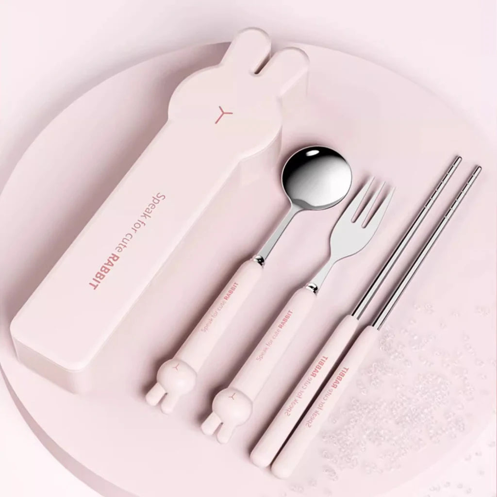 Portable Stainless Steel Cutlery Set with Cartoon Case – 3/4 Pieces