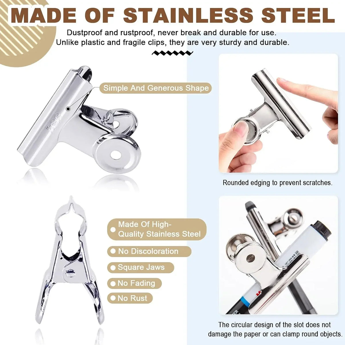 6-Piece Stainless Steel Bulldog Clips – Food Bag & Office Clips