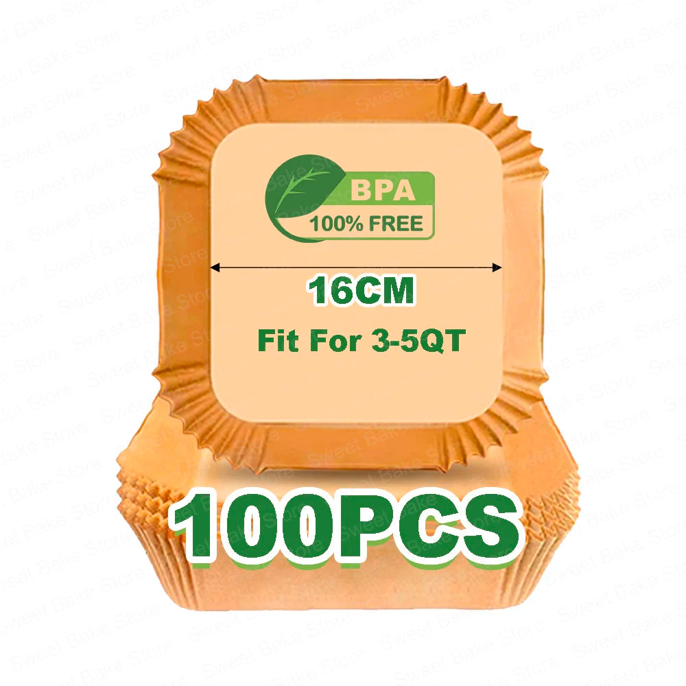 Square Air Fryer Parchment Paper Liners – 16/20/23cm, 50–100 Pack