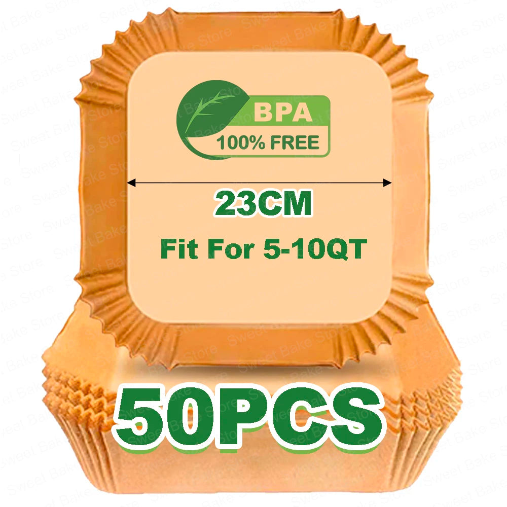 Square Air Fryer Parchment Paper Liners – 16/20/23cm, 50–100 Pack