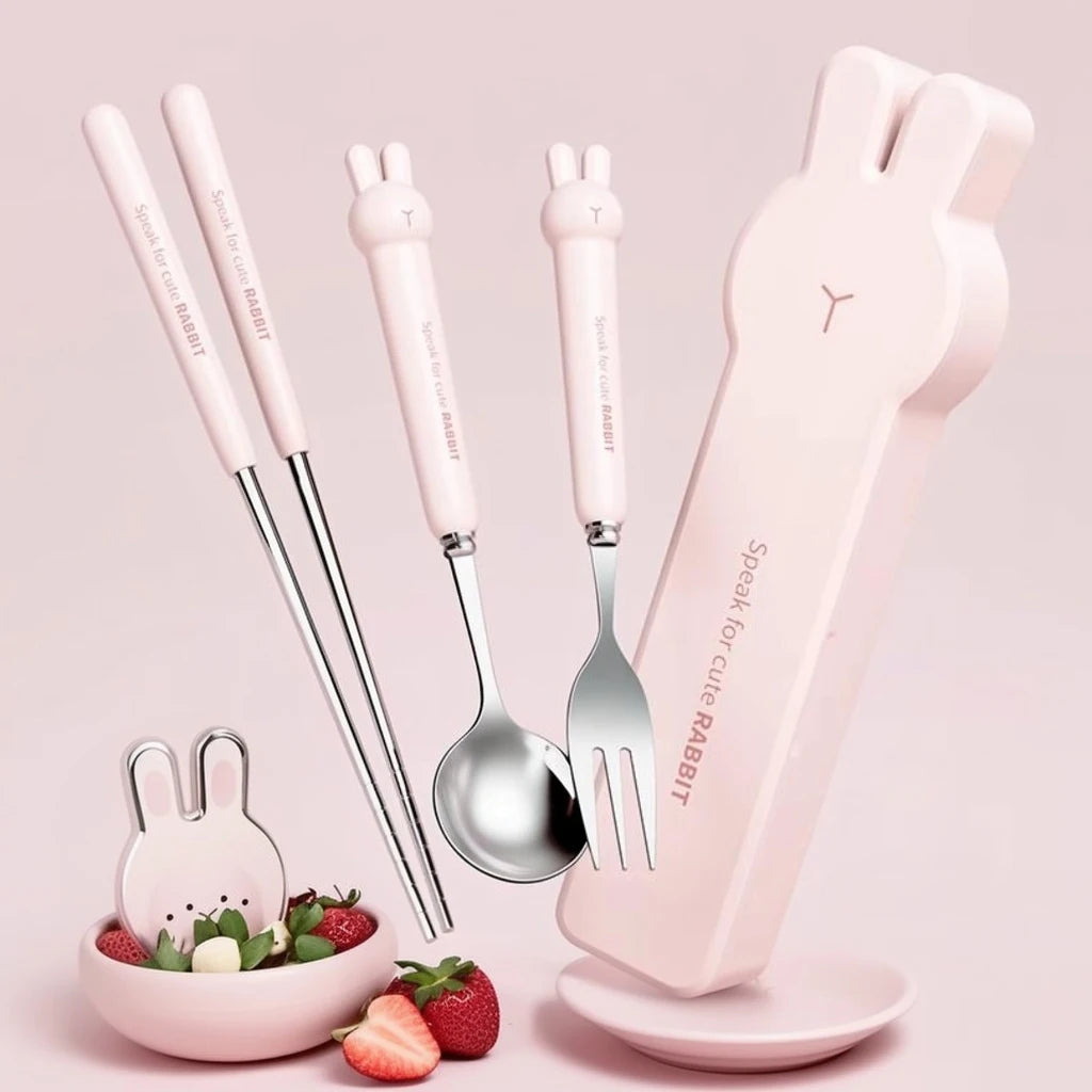 Portable Stainless Steel Cutlery Set with Cartoon Case – 3/4 Pieces