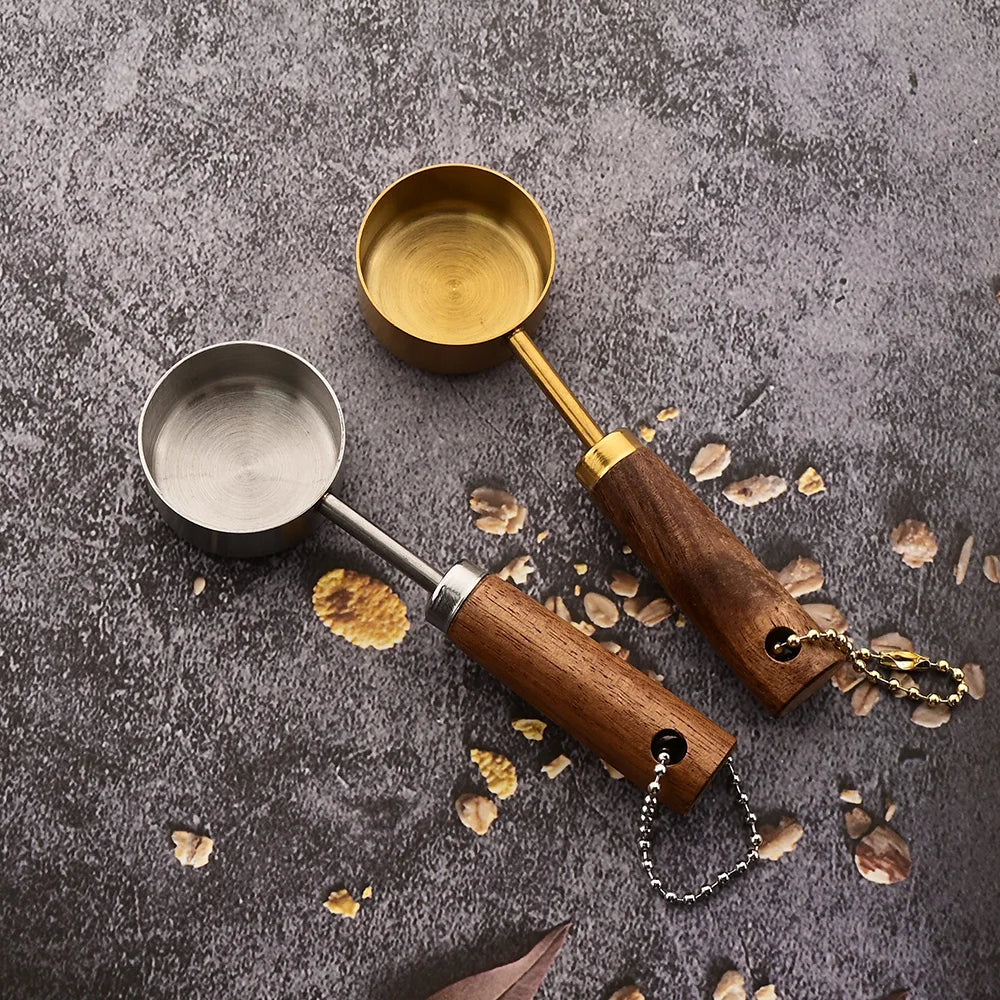 Gold Stainless Steel Measuring Spoon Set with Wooden Handles – 4 Pieces