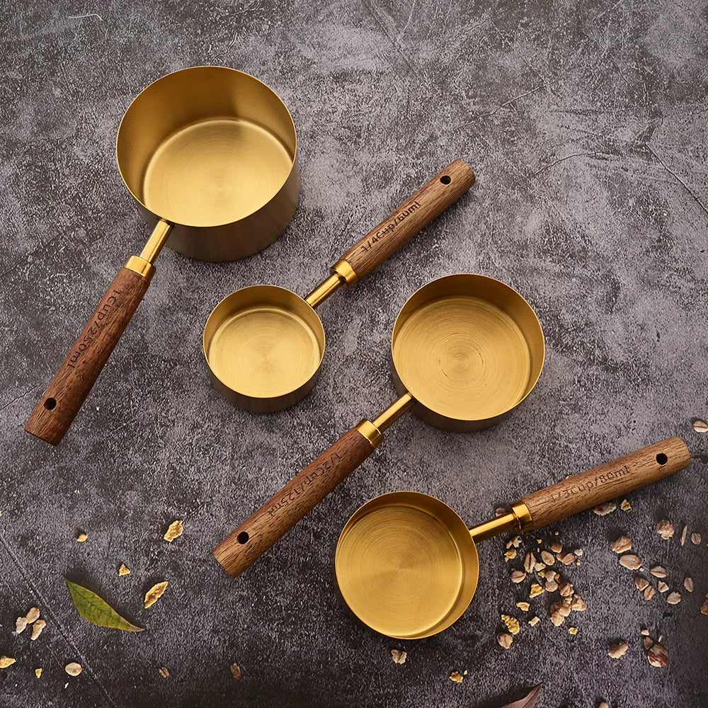 Gold Stainless Steel Measuring Spoon Set with Wooden Handles – 4 Pieces