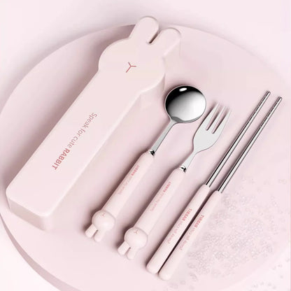 Portable Stainless Steel Cutlery Set with Cartoon Case – 3/4 Pieces