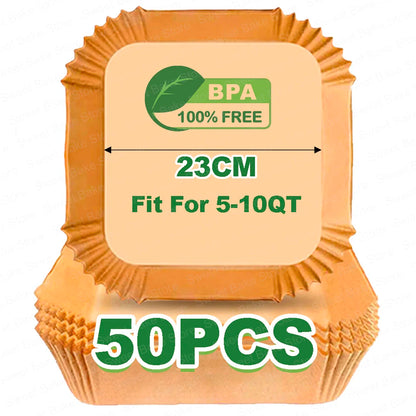 Square Air Fryer Parchment Paper Liners – 16/20/23cm, 50–100 Pack