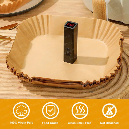 Square Air Fryer Parchment Paper Liners – 16/20/23cm, 50–100 Pack