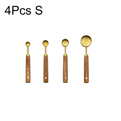 Gold Stainless Steel Measuring Spoon Set with Wooden Handles – 4 Pieces