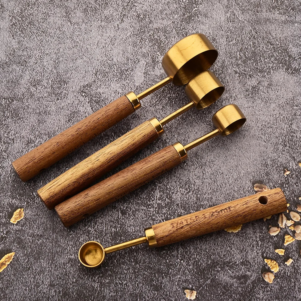 Gold Stainless Steel Measuring Spoon Set with Wooden Handles – 4 Pieces