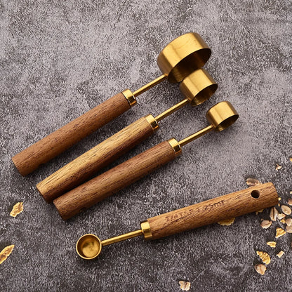 Gold Stainless Steel Measuring Spoon Set with Wooden Handles – 4 Pieces