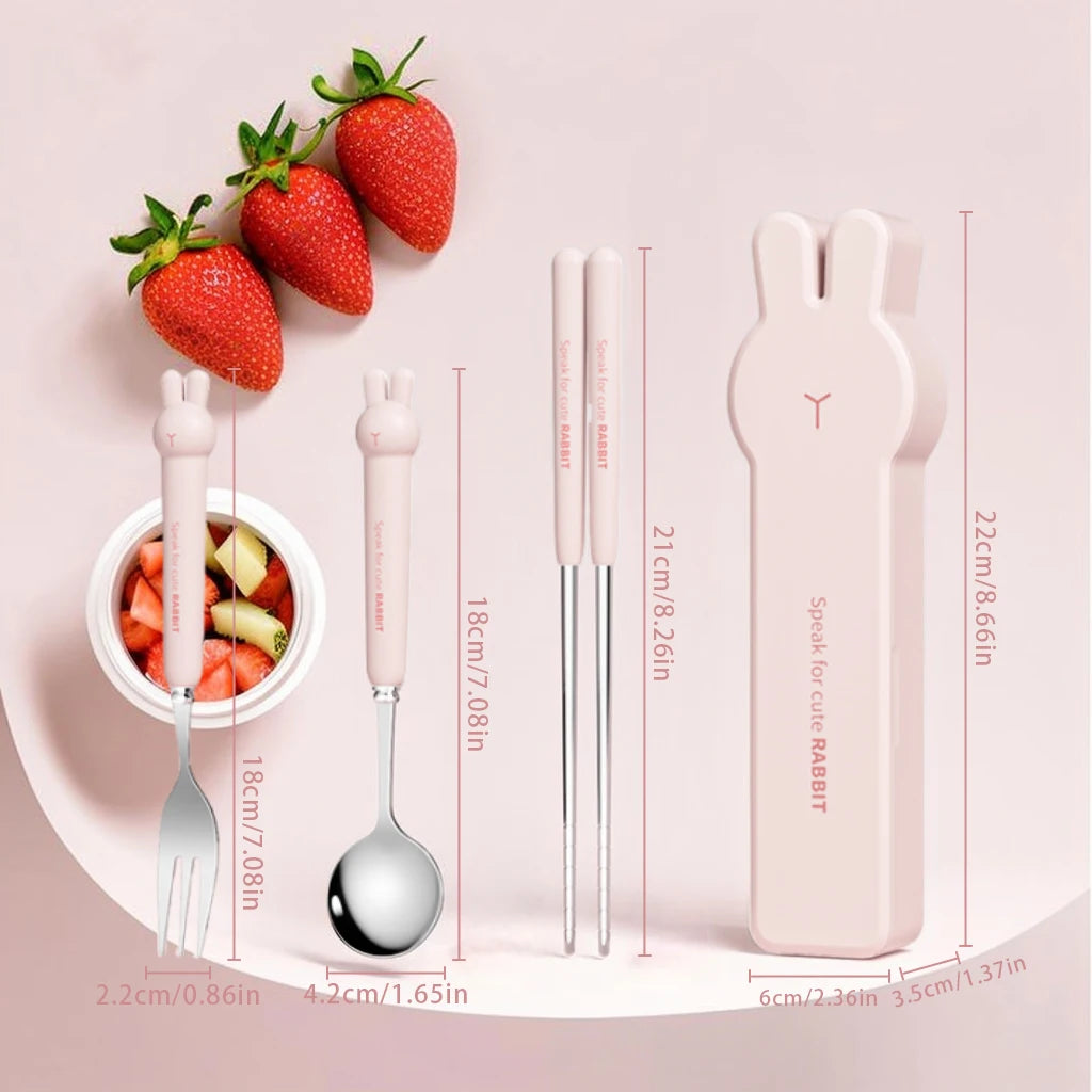 Portable Stainless Steel Cutlery Set with Cartoon Case – 3/4 Pieces