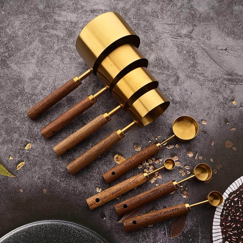 Gold Stainless Steel Measuring Spoon Set with Wooden Handles – 4 Pieces