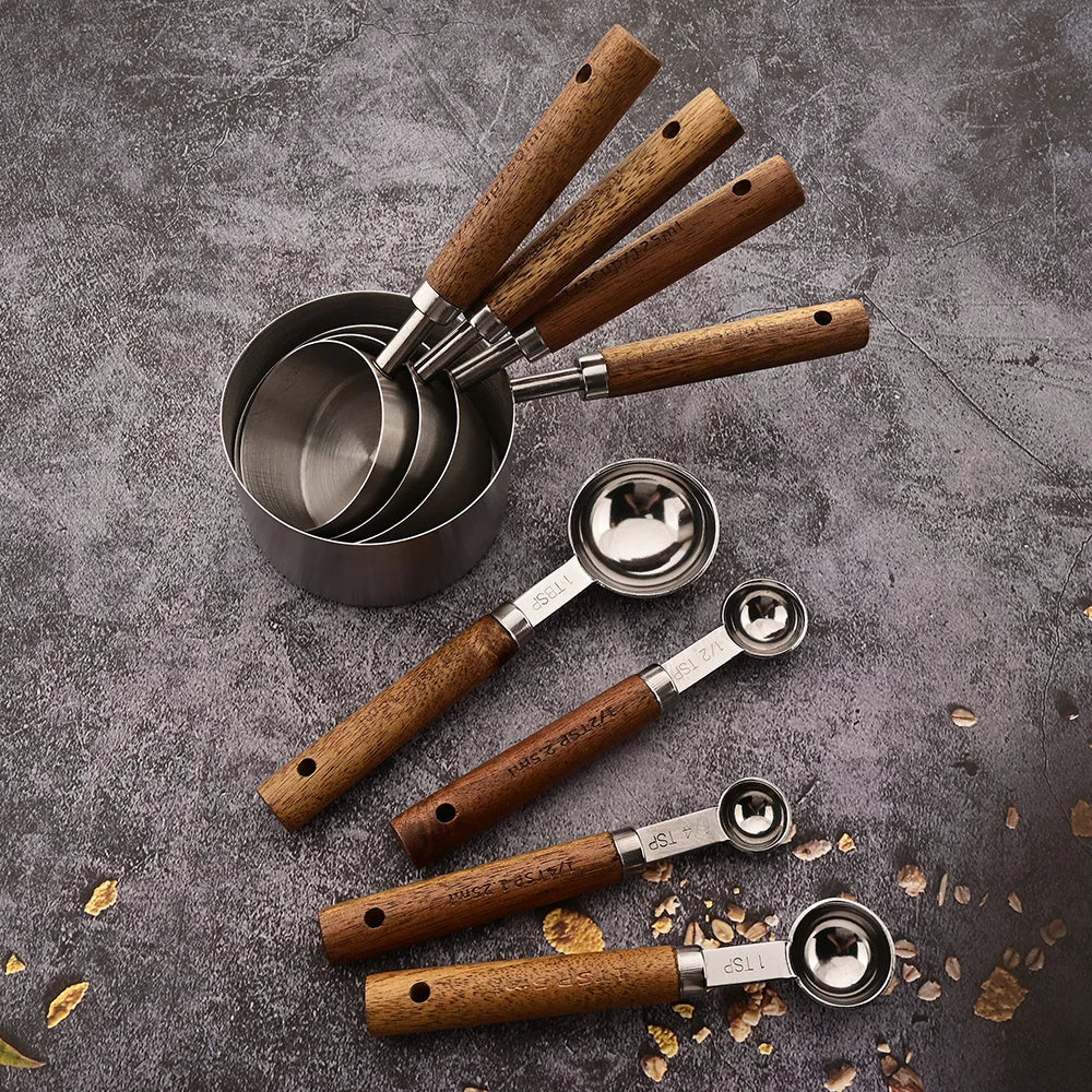 Gold Stainless Steel Measuring Spoon Set with Wooden Handles – 4 Pieces