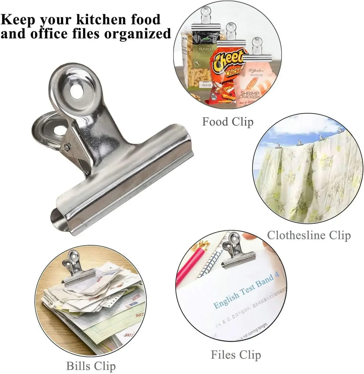 6-Piece Stainless Steel Bulldog Clips – Food Bag & Office Clips
