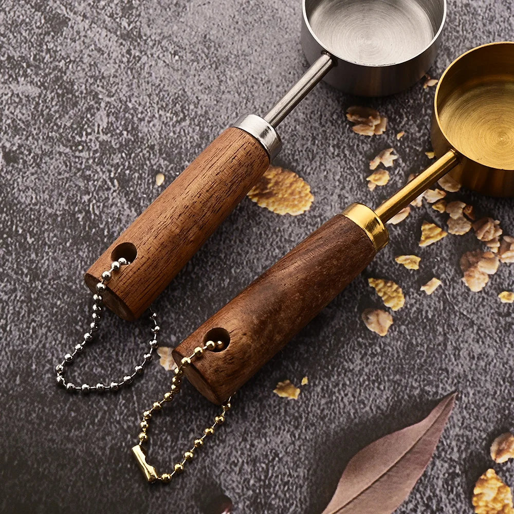 Gold Stainless Steel Measuring Spoon Set with Wooden Handles – 4 Pieces