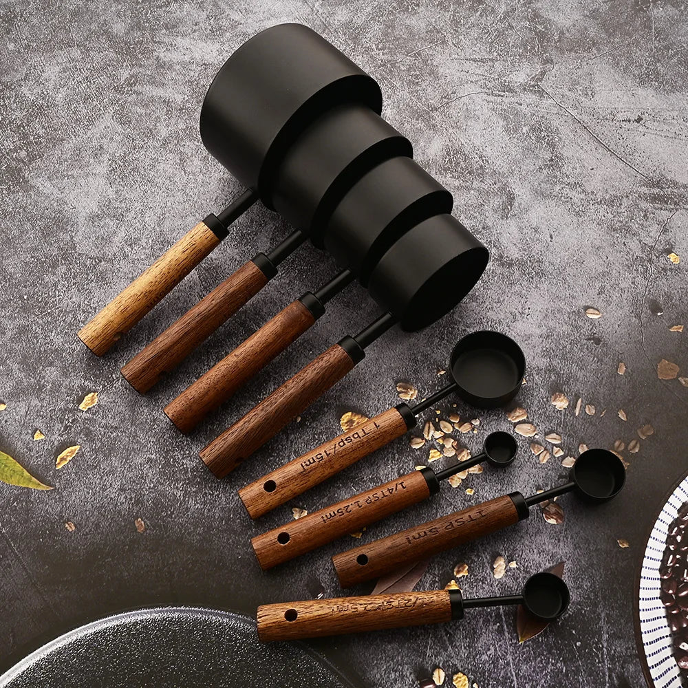 Gold Stainless Steel Measuring Spoon Set with Wooden Handles – 4 Pieces