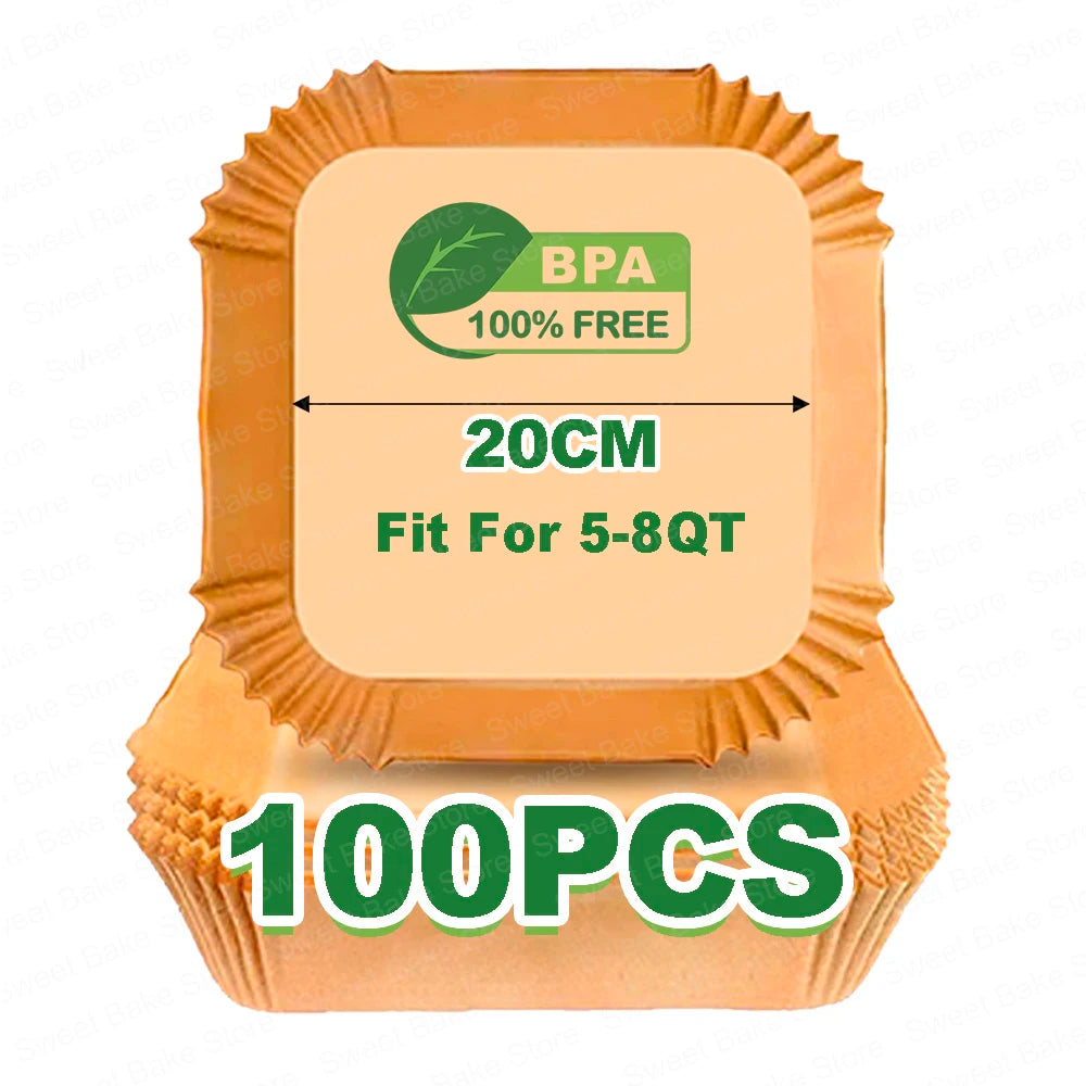 Square Air Fryer Parchment Paper Liners – 16/20/23cm, 50–100 Pack