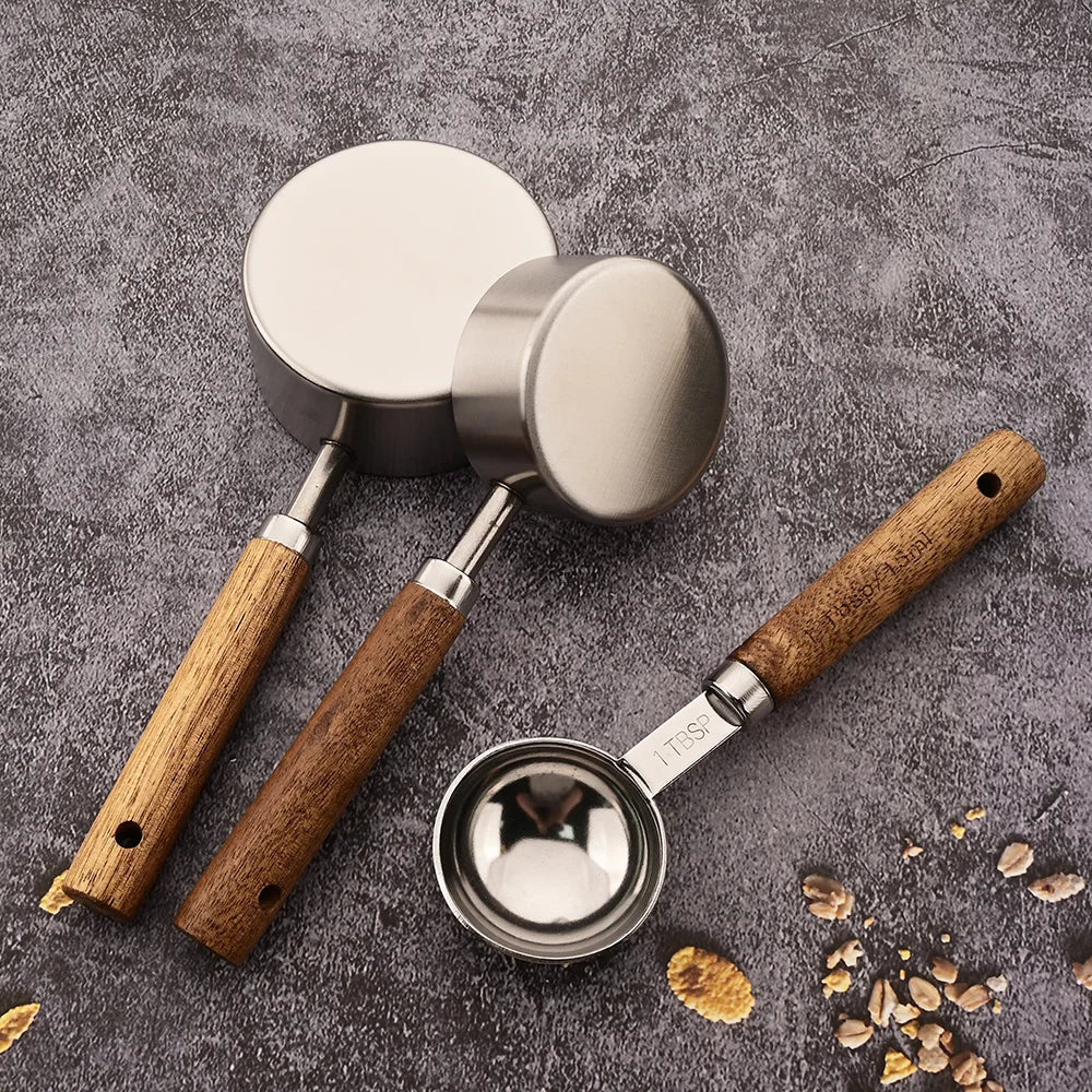 Gold Stainless Steel Measuring Spoon Set with Wooden Handles – 4 Pieces