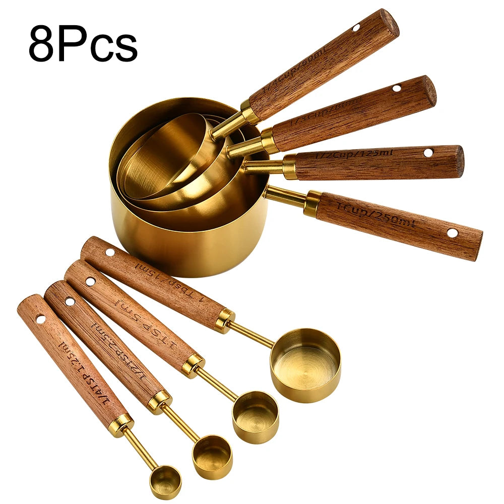 Gold Stainless Steel Measuring Spoon Set with Wooden Handles – 4 Pieces
