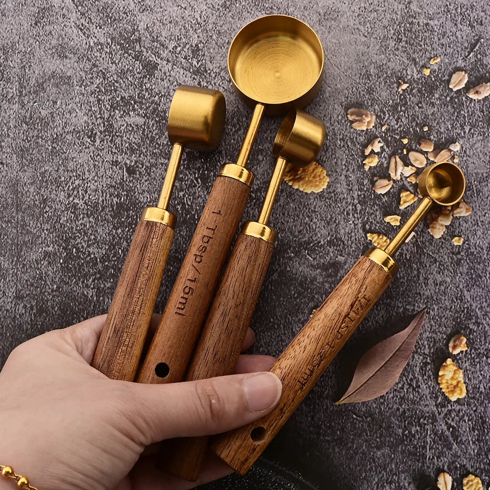 Gold Stainless Steel Measuring Spoon Set with Wooden Handles – 4 Pieces