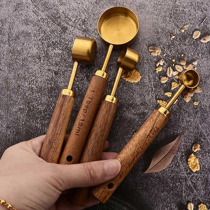 Gold Stainless Steel Measuring Spoon Set with Wooden Handles – 4 Pieces