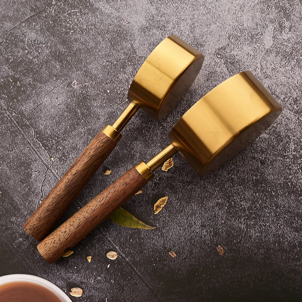 Gold Stainless Steel Measuring Spoon Set with Wooden Handles – 4 Pieces